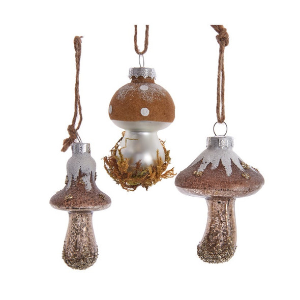 Kurt Adler Rustic Glass Mushroom Hanging Ornaments, 3 Assorted, 3"