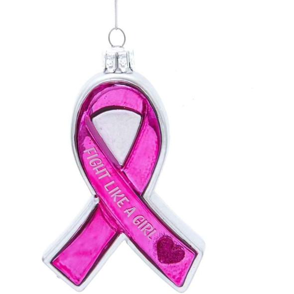 Kurt Adler Glass Ornament for Christmas Tree, Susan G. Komen Pink and Silver "Fight Like A Girl" Ribbon, 4"