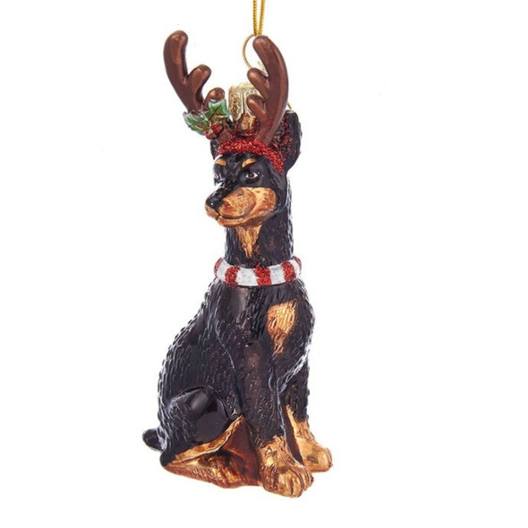 Kurt Adler Noble Gems Glass Ornament for Christmas Tree, Doberman with Antlers, 4"