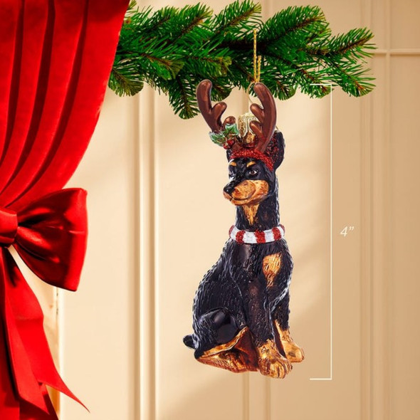 Kurt Adler Noble Gems Glass Ornament for Christmas Tree, Doberman with Antlers, 4"