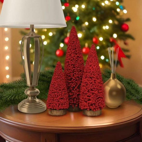 Old World Christmas Plastic Tabletop Holiday Berry Tree Set, Red (3 Assorted Sizes)