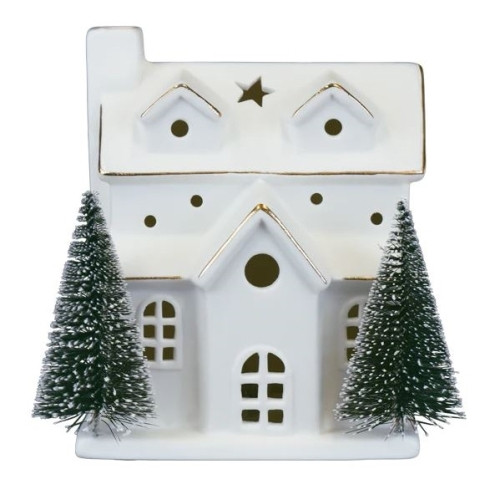 Old World Christmas Battery-Operated Lighted Ceramic Tabletop Decoration, House with Trees, 6"