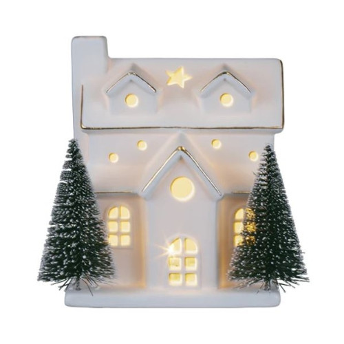 Old World Christmas Battery-Operated Lighted Ceramic Tabletop Decoration, House with Trees, 6"