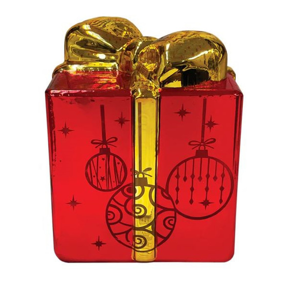 Old World Christmas Battery-Operated Lighted Ceramic Tabletop Decoration, Gift Box, Gold & Red, 4"