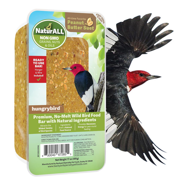 Hungrybird NaturAll Non-GMO, High-Protein Suet Bar with Peanut Butter Filling for Outside Wild Birds