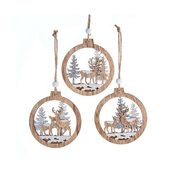 Kurt Adler Wooden Ornaments for Christmas Tree, Reindeer with Tree, Assorted (Pack of 3)