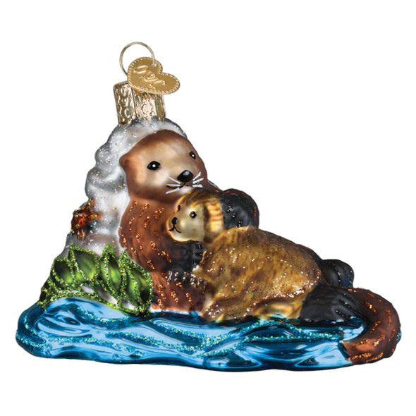 Old World Christmas Blown Glass Ornament for Christmas Tree, Otter with Pup