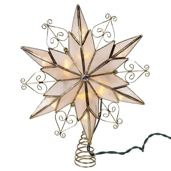 Kurt Adler 10-Light Brass-Plated 6-Point Capiz Star Tree Topper, Scroll Design, 9”