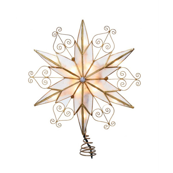 Kurt Adler 10-Light Brass-Plated 6-Point Capiz Star Tree Topper, Scroll Design, 9”