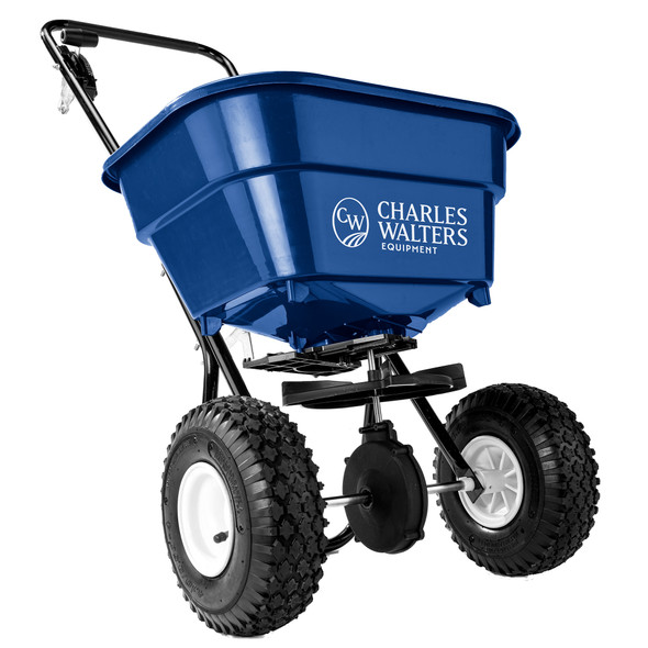 Charles Walters Equipment Broadcast Spreader for Spreading Fertilizer and Ice Melt on Lawns, Sidewalks, and Driveways, 65lb Capacity