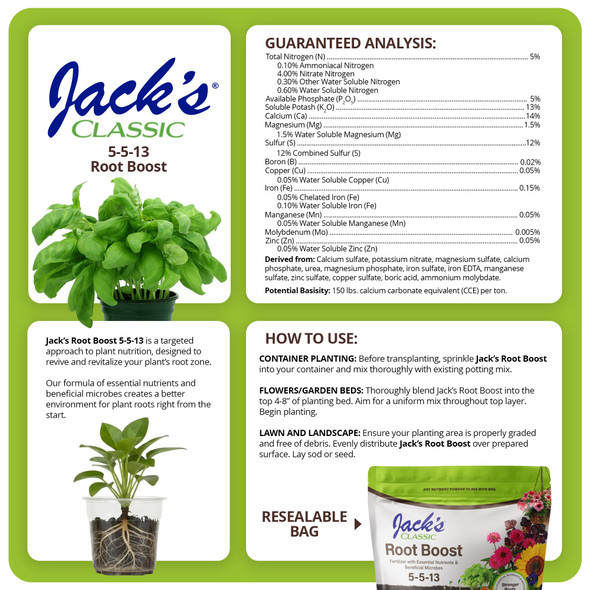 Jack’s Classic 5-5-13 Root Boost Water-Soluble Fertilizer with Micronutrients for Stimulating Root Growth, 4lbs