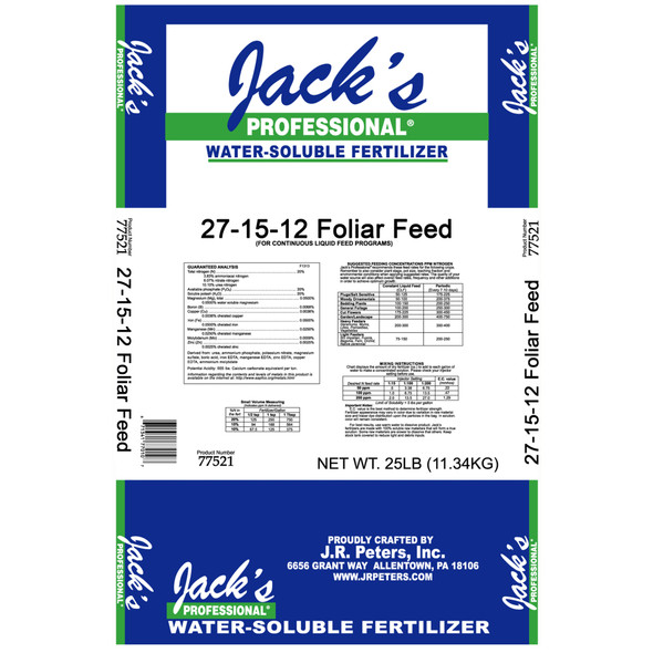 Jack's Professional 27-15-12 Foliar Feed Water-Soluble Fertilizer with Micronutrients for Green-up in Plants Grown in Continuous Liquid Feed Programs, 25lbs