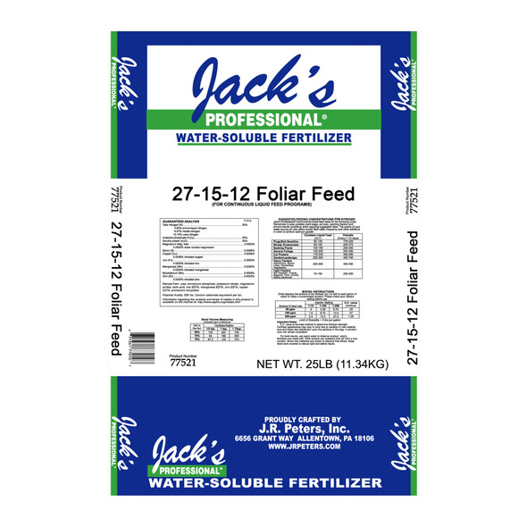 Jack's Professional 27-15-12 Foliar Feed Water-Soluble Fertilizer with Micronutrients for Green-up in Plants Grown in Continuous Liquid Feed Programs, 25lbs