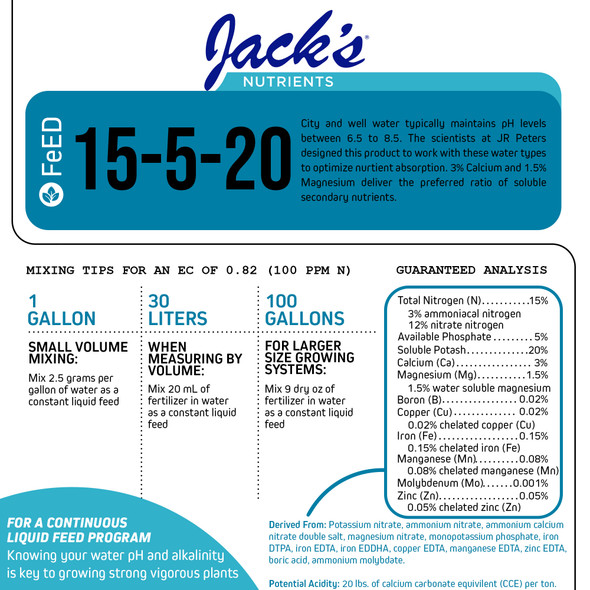 Jack's Nutrients 15-5-20 Tap Water-Soluble Fertilizer - Lowers Water pH