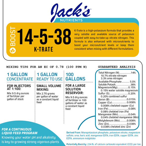 Jack’s Nutrients 14-5-38 K-Trate Water-Soluble Fertilizer, 25lbs