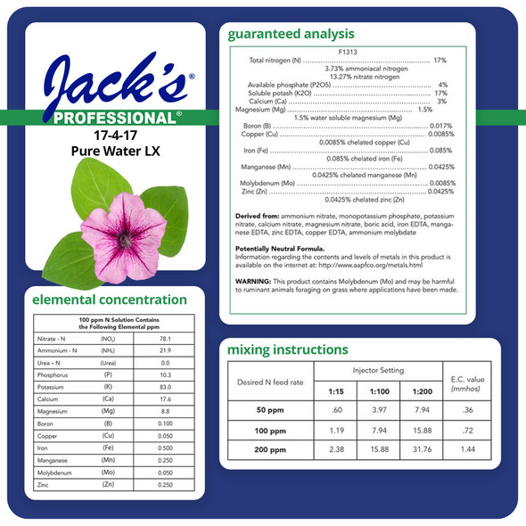 Jack’s Professional 17-4-17 Pure Water LX Water-Soluble Fertilizer, 25lbs