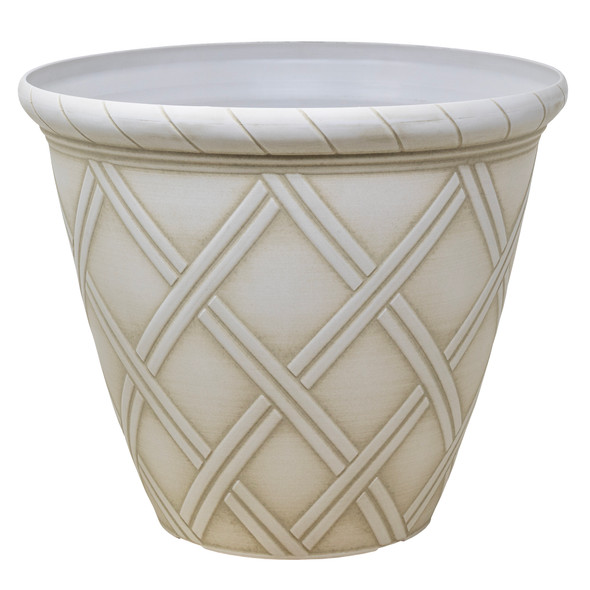Garden Elements Trellis Decorative Lattice Round Planter, White Wash, 14in