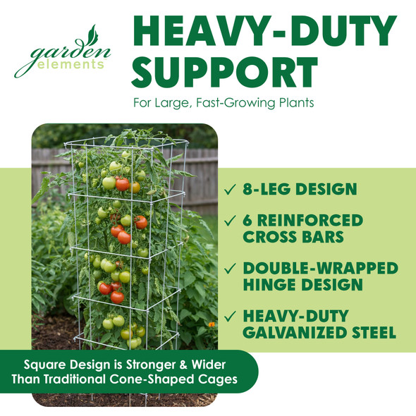 Garden Elements Square 8-Leg Heavy-Duty Collapsible Tomato Cages, 48in (Pack of 3)