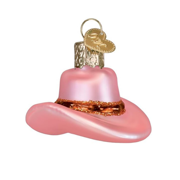 Old World Christmas Mini Cowgirl Hat Glass Ornament, Pink, 1.5in
