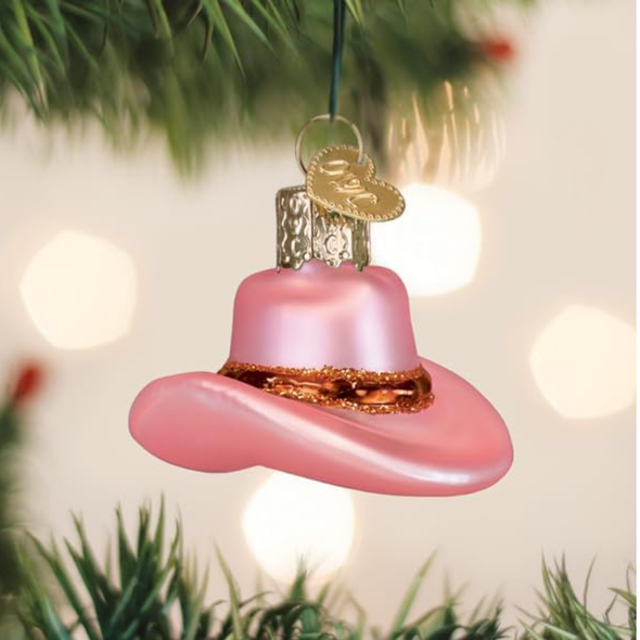 Old World Christmas Mini Cowgirl Hat Glass Ornament, Pink, 1.5in