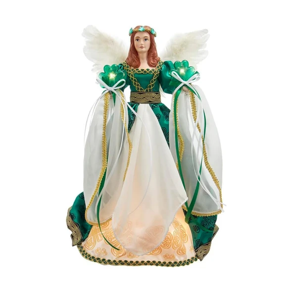 Kurt Adler 10-Light Irish Angel Tree Topper, Green and Ivory, 16in