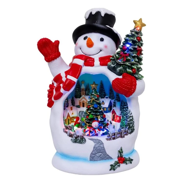 Kurt Adler Battery-Operated Color-Changing LED USB Snowman with Village Scene, 10in