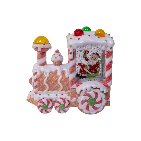 Kurt Adler Light Up Gingerbread Santa Train with Spinning Glitter, 7in
