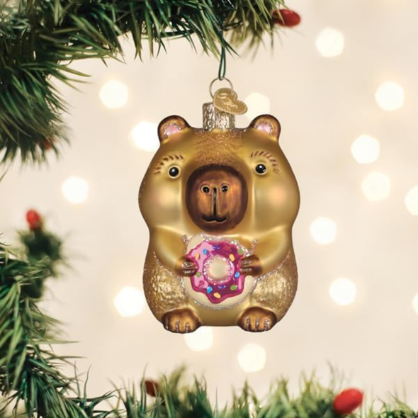 Old World Christmas Blown Glass Ornament for Tree, Capybara Eating Donut