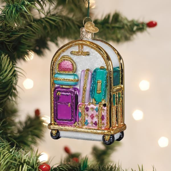 Old World Christmas Blown Glass Tree Ornament, Hotel Luggage Cart