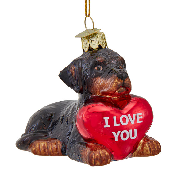 Kurt Adler Noble Gems Glass Rottweiler with "I Love You" Heart Ornament, 3.75"