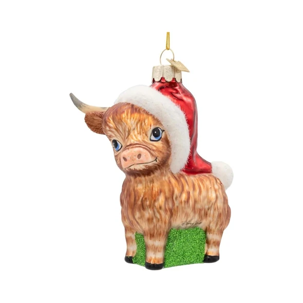 Kurt Adler Noble Gems Glass Ornament Collection, Highland Cow W/ Santa Hat