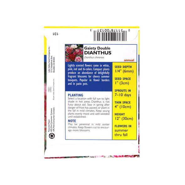 Lake Valley Seed Dianthus, Gaiety Double Heirloom Mix, 0.5g