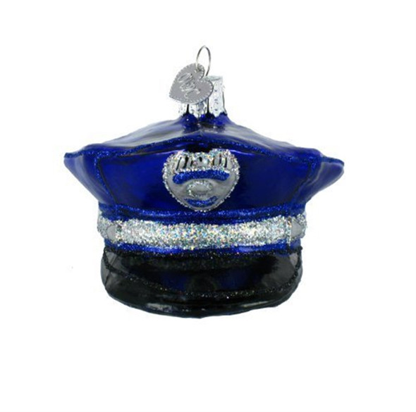 Old World Christmas Glass Blown Ornament, Police Officer's Cap (With OWC Gift Box)