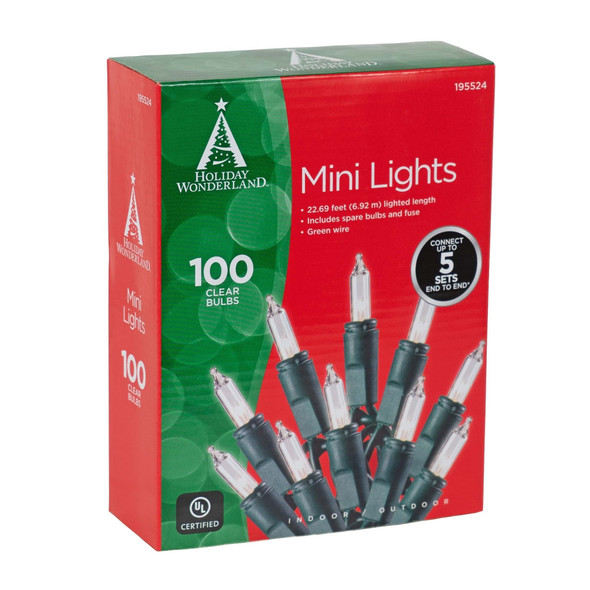 Holiday Wonderland Indoor/Outdoor Holiday Christmas String Light Set, 100 Clear Bulbs, 24'