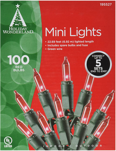 Holiday Wonderland Indoor/Outdoor 100-Count Mini Incandescent Bulb Light Set, Red, 24'