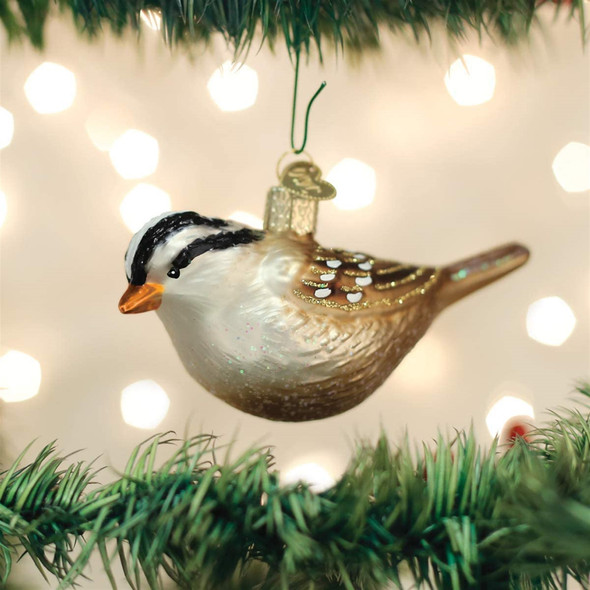 Old World Blown Glass Christmas Tree Ornament, White Crowned Sparrow
