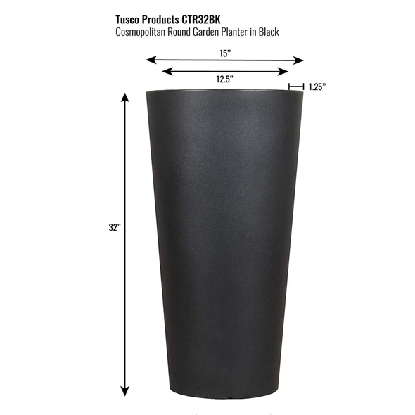 Tusco Products Cosmopolitan Tall Round Plastic Indoor/Outdoor Planter, Black 32”
