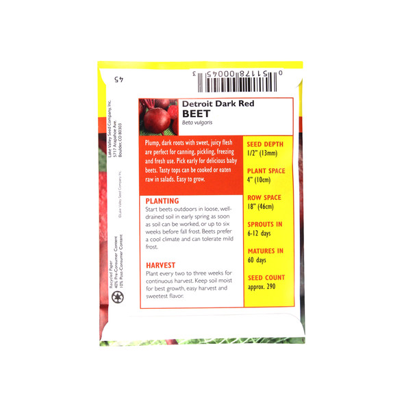 Lake Valley Seed Detroit Dark Red Beet Vegetable, 4g