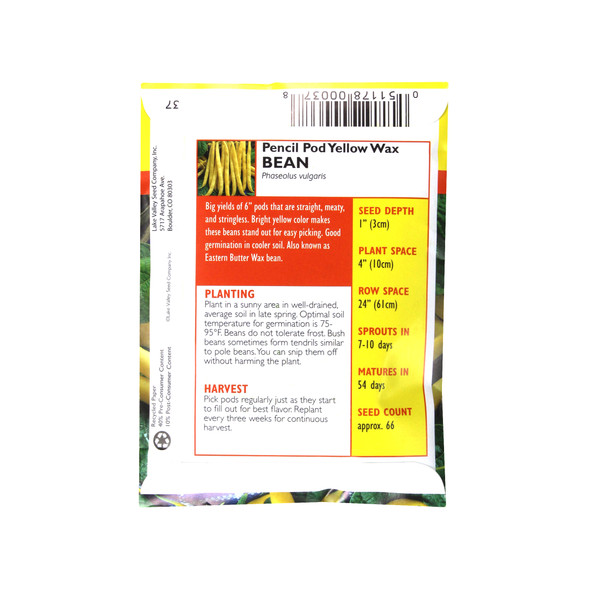 Lake Valley Seed Pencil Pod Yellow Wax Bean Bush Vegetable, 20g