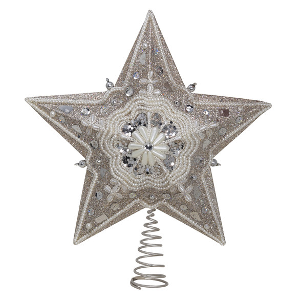 Kurt Adler Star Treetop with Ivory Pearls and Platinum Colored Glitter, 13.5"