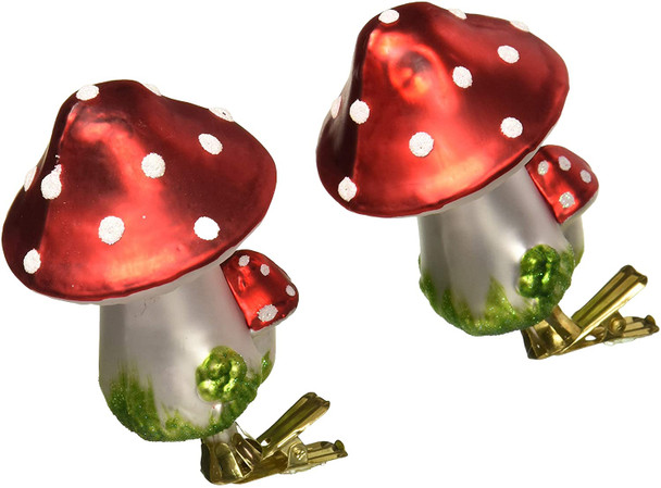 Kurt Adler Mushroom Clip-On Glass Ornaments, 2-Piece Box Set