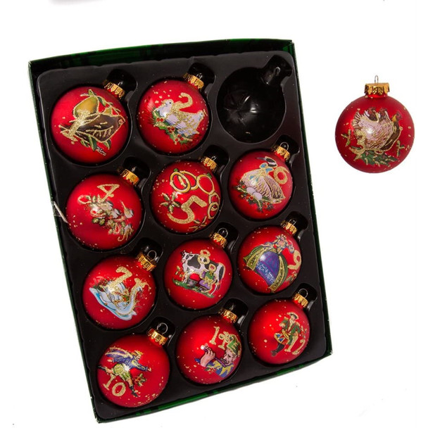 Kurt Adler 12-Piece 12-Days of Christmas Decorative Glass Balls Set, 65mm