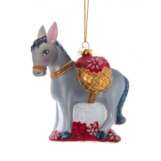 Kurt Adler Noble Gems Glass Ornaments for Christmas Tree, Donkey with Poinsettia