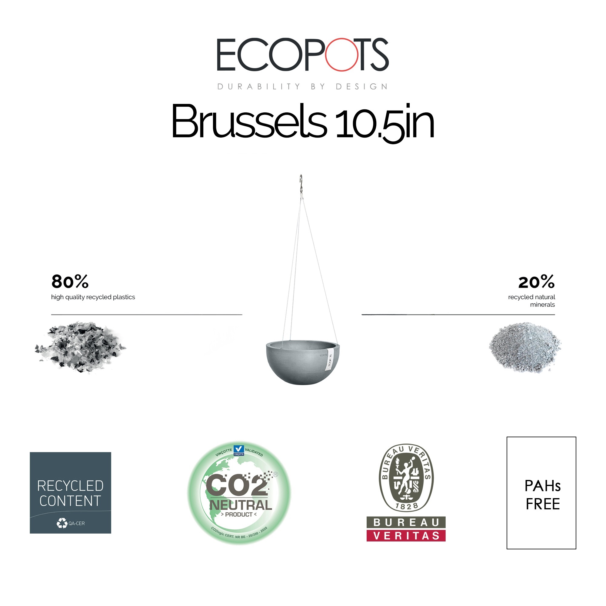 Ecopots Plastic Modern Indoor/Outdoor Round Flower Brussels Hanging Pot Planter