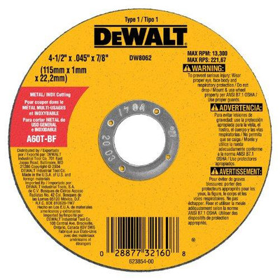 DeWalt DWTDW8062 DW8062 Type 1 High Performance Reinforced Cut-Off Wheel, 4-1/2 In Dia X 0.045 In 7/8in Arbor (25) Pack) DeWalt DWTDW8062 DW8062 Type 1 High Performance Reinforced Cut-Off Wheel, 4-1/2 In Dia X 0.045 In 7/8in Arbor (25) Pack)