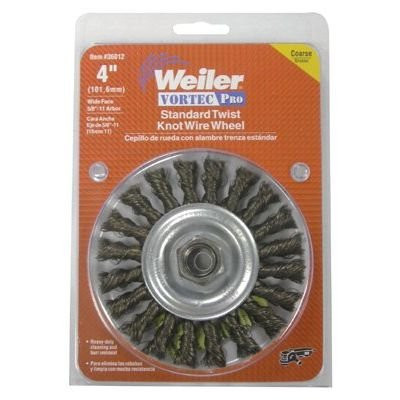 Weiler WEI36018 Vortec Pro Narrow Face Wire Wheel Brush, Threaded Hole, Carbon Steel, Stringer Knotted, 4" Diameter, 0.020" Wire Diameter, 5/8-11" Arbor, 20000 rpm Weiler WEI36018 Vortec Pro Narrow Face Wire Wheel Brush, Threaded Hole, Carbon Steel, Stringer Knotted, 4" Diameter, 0.020" Wire Diameter, 5/8-11" Arbor, 20000 rpm