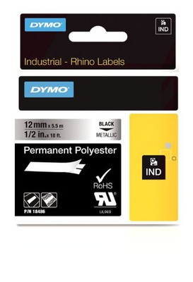 Dymo RNO18486 Industrial Permanent Labels for LabelWriter and Industrial RhinoPro Label Makers, Black on Metallic, 1/2", 1 Roll ()