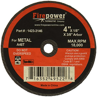 Firepower FPW1423-3146 Type 1 Abrasive Cut-Off Wheel for Metal, 4-Inch Diameter, 1/8-Inch Width with 3/8-Inch Hole Firepower FPW1423-3146 Type 1 Abrasive Cut-Off Wheel for Metal, 4-Inch Diameter, 1/8-Inch Width with 3/8-Inch Hole