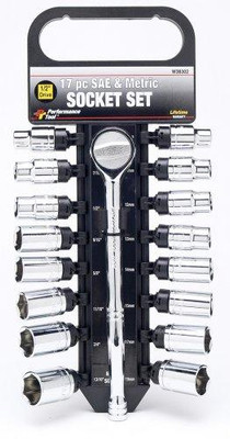 WILMAR WLMW38302 Performance Tool W38202 17 Piece 1/2" Drive SAE and Metric 6 Point Socket Set with Ratchet