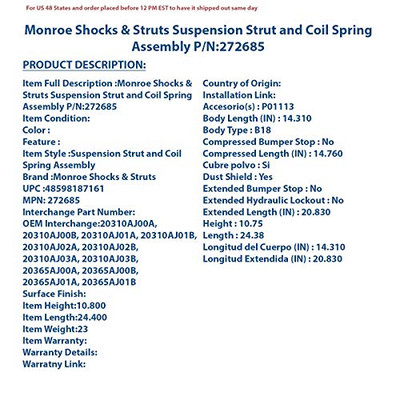 MONROE SHOCK 272685 QUICK-STRUT ASSEMBLY MONROE SHOCK 272685 QUICK-STRUT ASSEMBLY